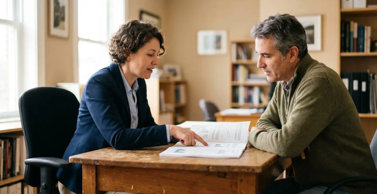 Un courtier en assurance conseille un client autour d'un document, ambiance professionnelle et de confiance. Un courtier en assurance conseille un client autour d'un document, ambiance professionnelle et de confiance.