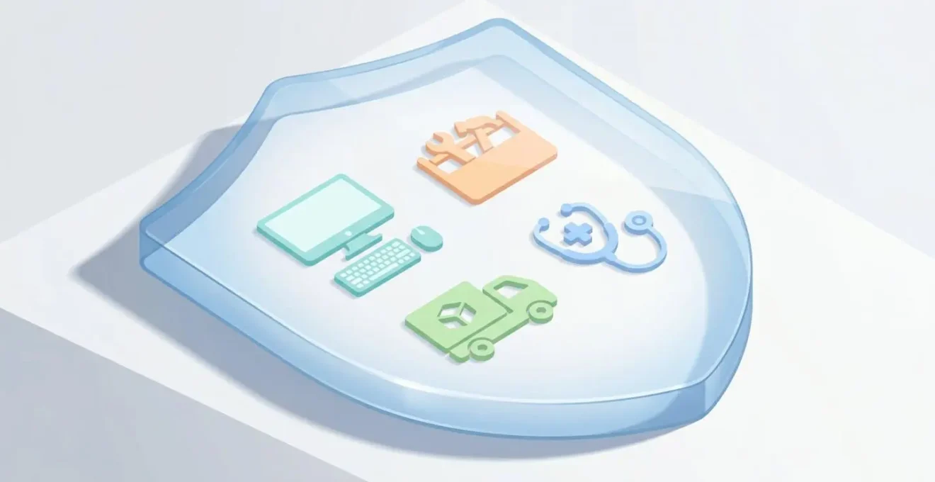 Icônes 3D de différents secteurs professionnels protégées par un bouclier translucide, symbolisant l'assurance entreprise spécifique.