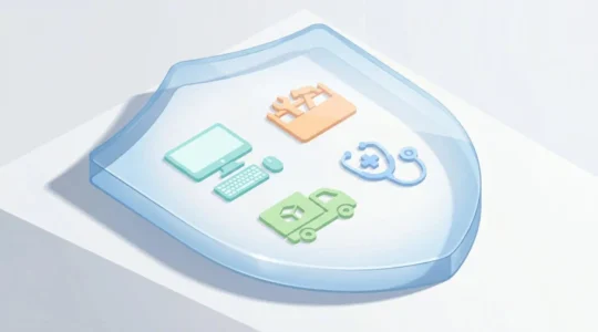 Icônes 3D de différents secteurs professionnels protégées par un bouclier translucide, symbolisant l'assurance entreprise spécifique.